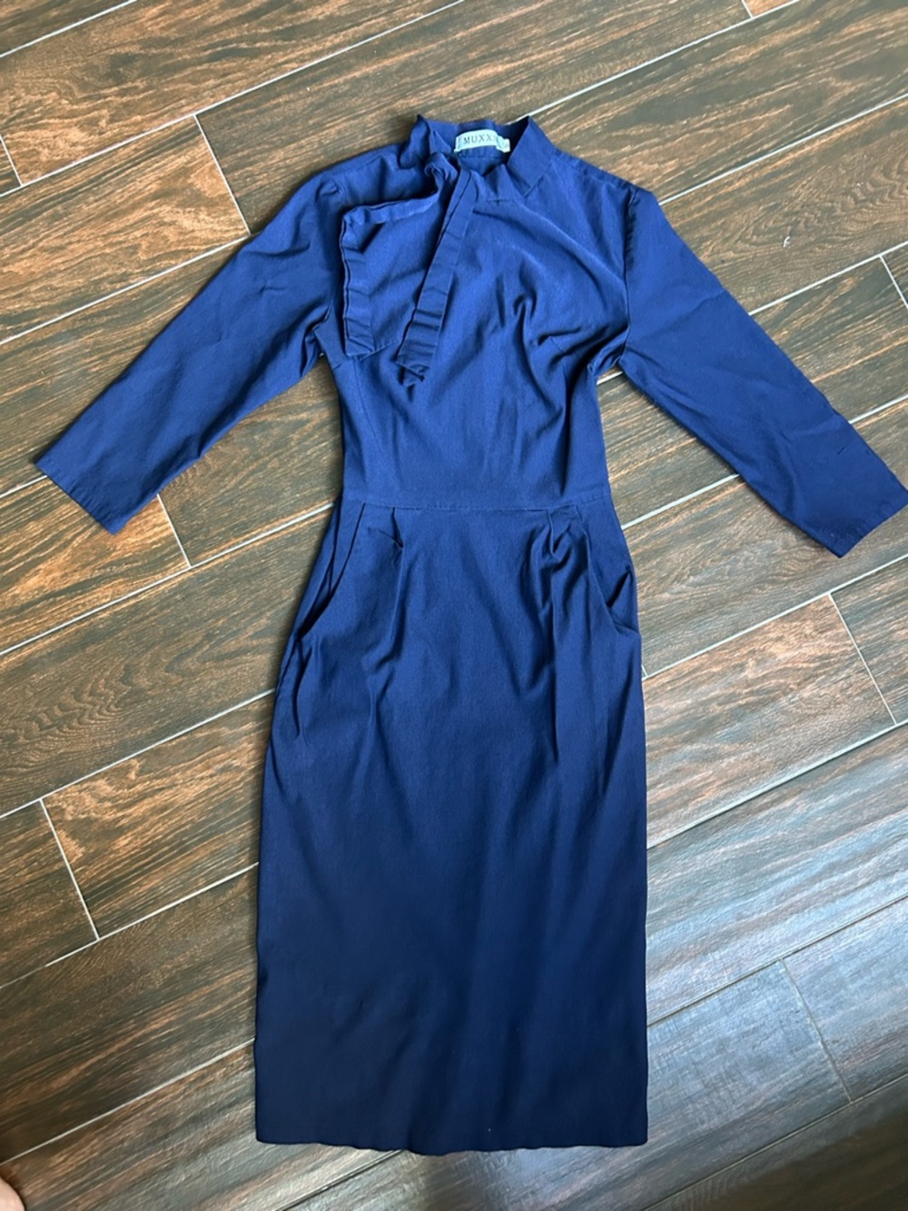 Muxxn Navy Retro 50’s Vintage Tie Neck Pencil dress Bodycon Cocktail W/ Pockets